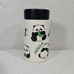 Cute panda themed tumbler thermos with black lid